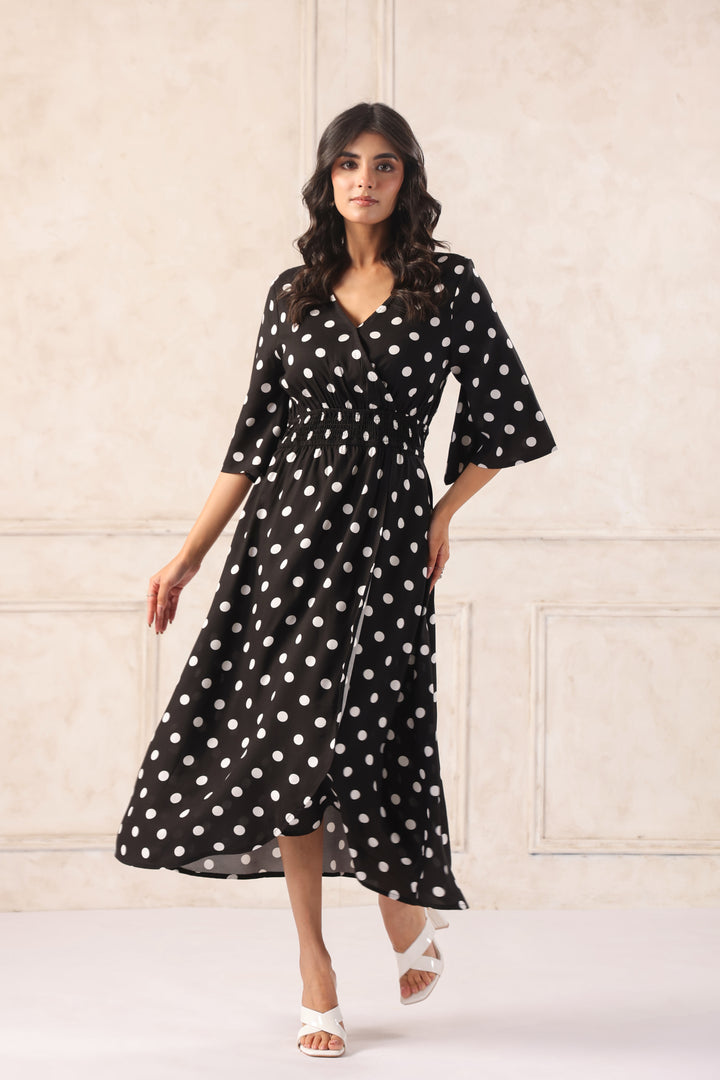 Women Black & White Printed Midi Dress with Flutter Sleeves