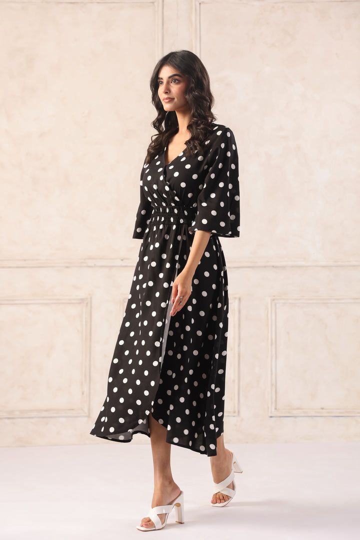 Women Black & White Printed Midi Dress with Flutter Sleeves
