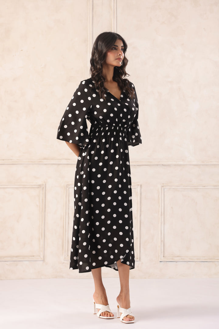 Women Black & White Printed Midi Dress with Flutter Sleeves