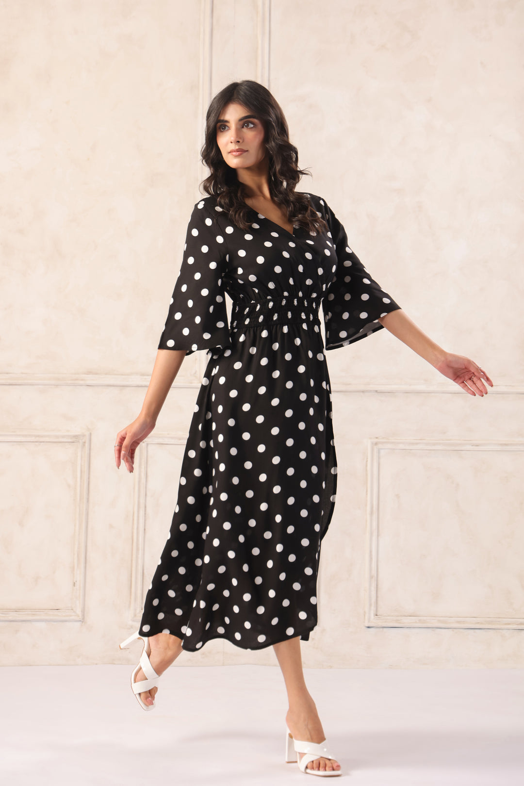 Women Black & White Printed Midi Dress with Flutter Sleeves