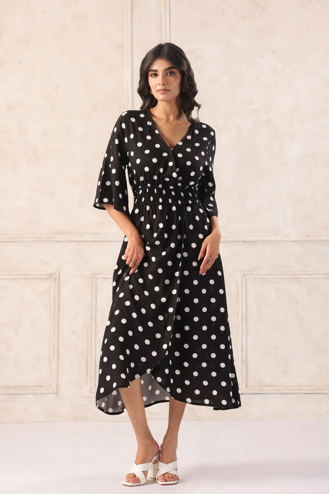 Women Black & White Printed Midi Dress with Flutter Sleeves