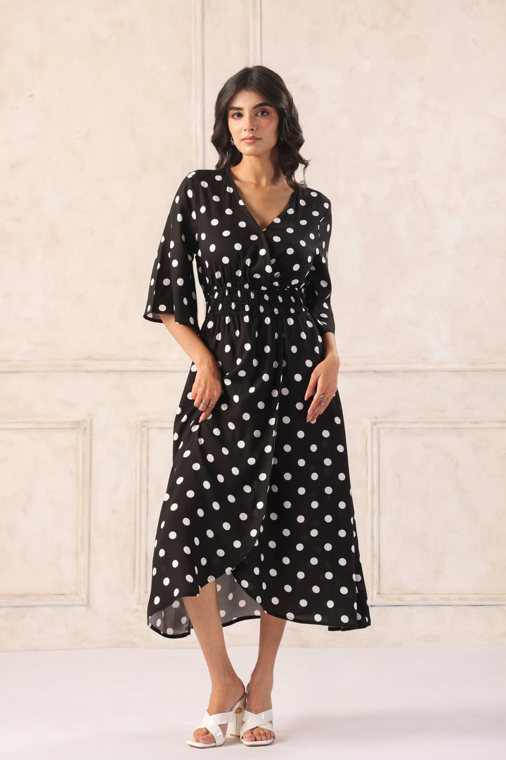 Women Black & White Printed Midi Dress with Flutter Sleeves