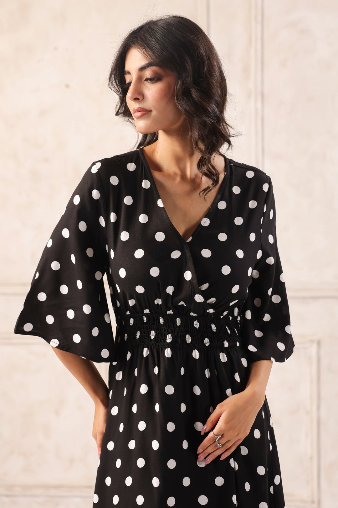 Women Black & White Printed Midi Dress with Flutter Sleeves