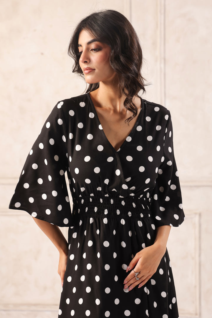 Women Black & White Printed Midi Dress with Flutter Sleeves