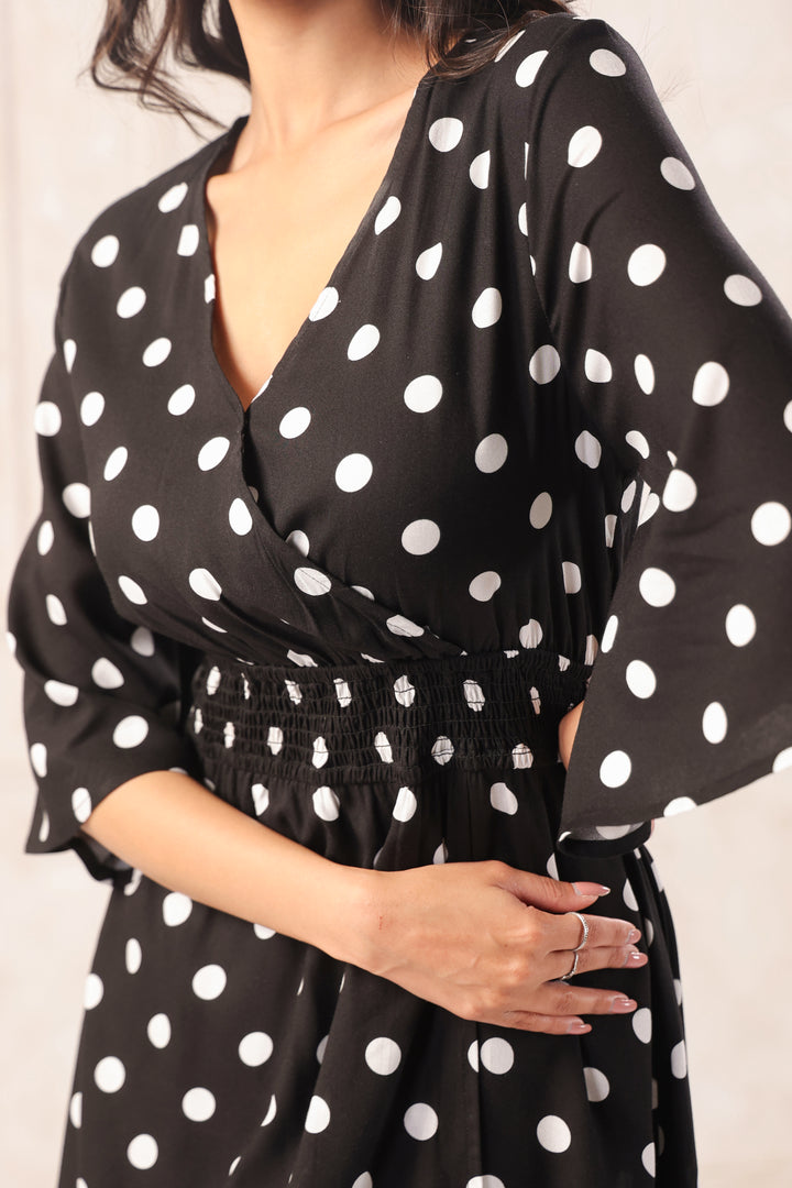 Women Black & White Printed Midi Dress with Flutter Sleeves