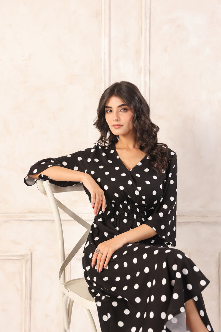 Women Black & White Printed Midi Dress with Flutter Sleeves