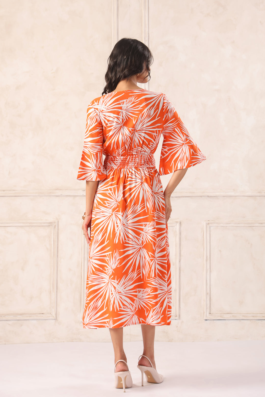 Women Orange Tropical Printed Midi Dress with Flutter Sleeves