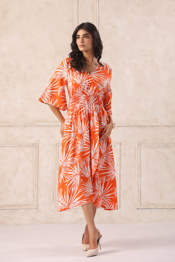 Women Orange Tropical Printed Midi Dress with Flutter Sleeves