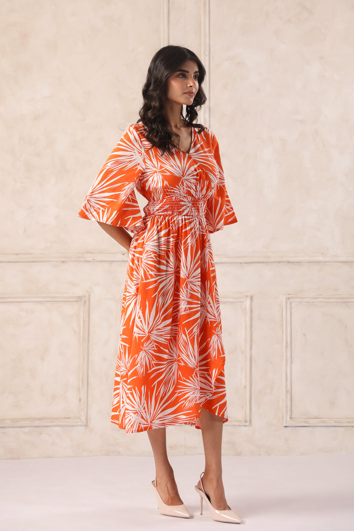 Women Orange Tropical Printed Midi Dress with Flutter Sleeves