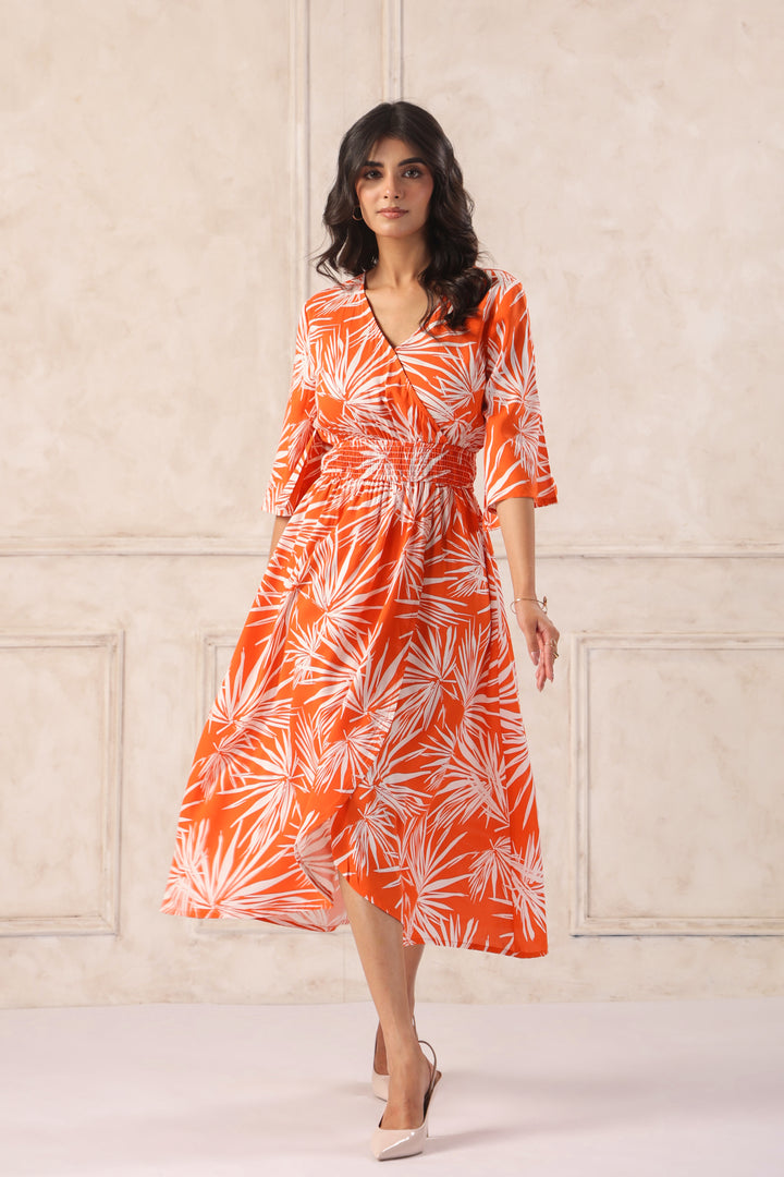 Women Orange Tropical Printed Midi Dress with Flutter Sleeves
