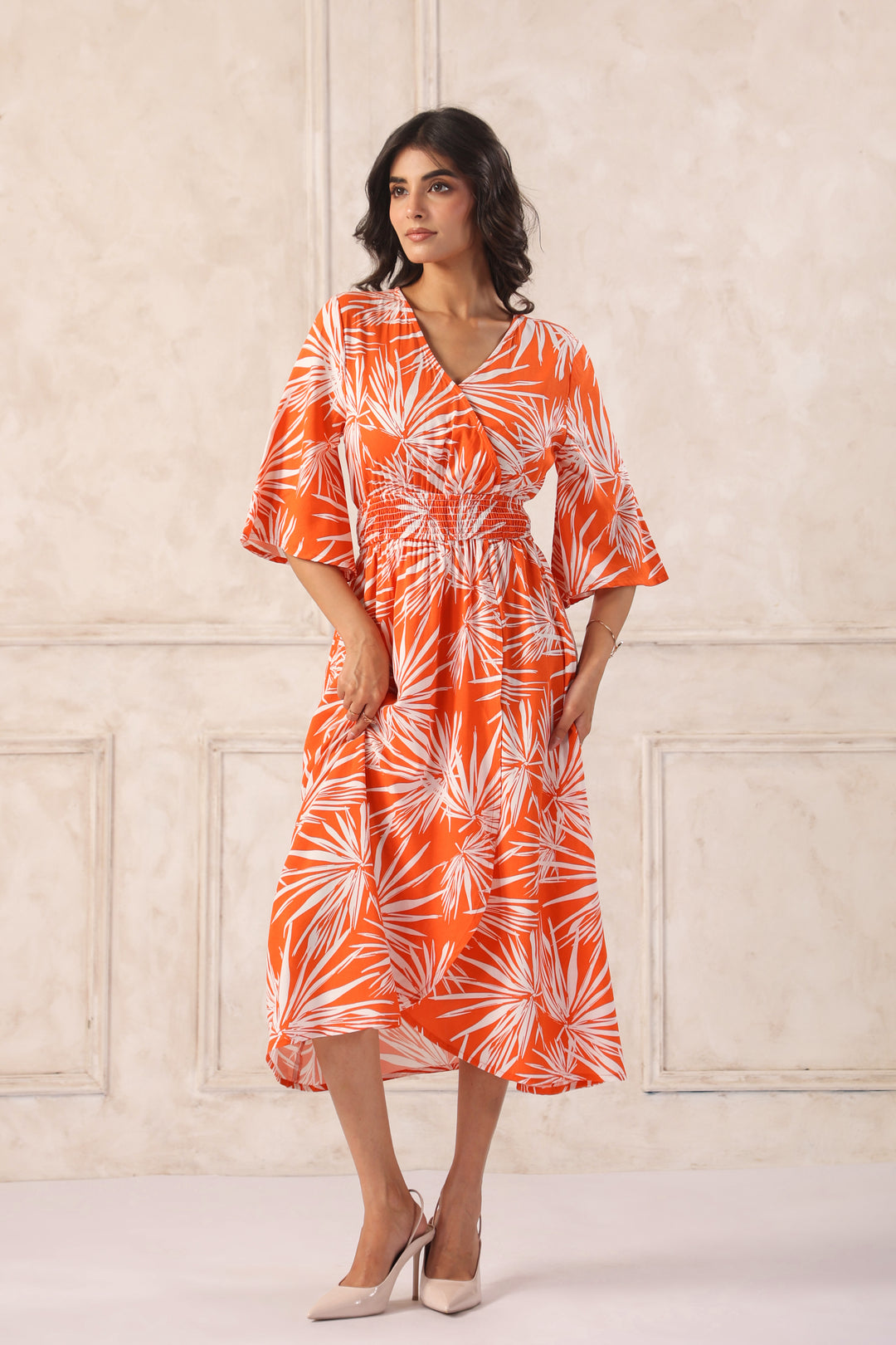 Women Orange Tropical Printed Midi Dress with Flutter Sleeves