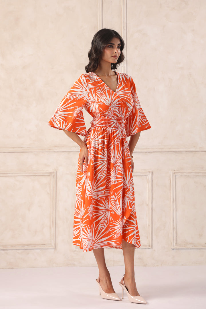 Women Orange Tropical Printed Midi Dress with Flutter Sleeves