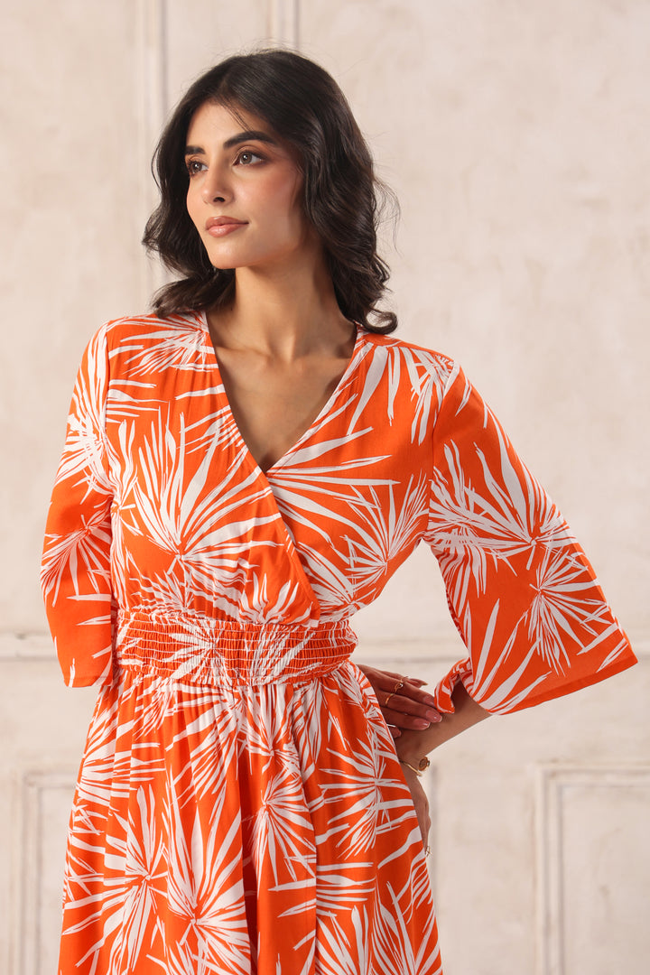 Women Orange Tropical Printed Midi Dress with Flutter Sleeves