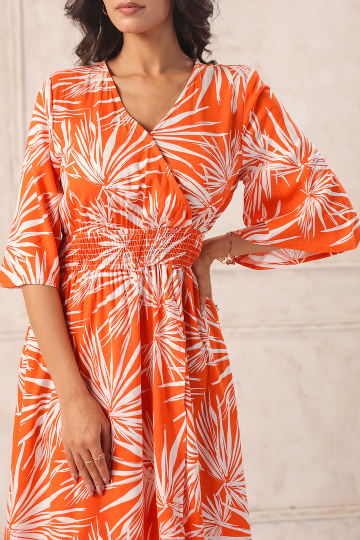 Women Orange Tropical Printed Midi Dress with Flutter Sleeves