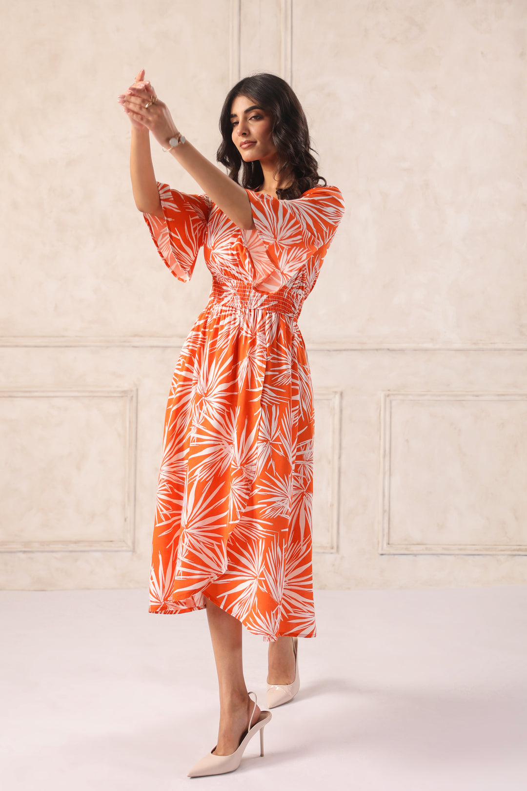 Women Orange Tropical Printed Midi Dress with Flutter Sleeves