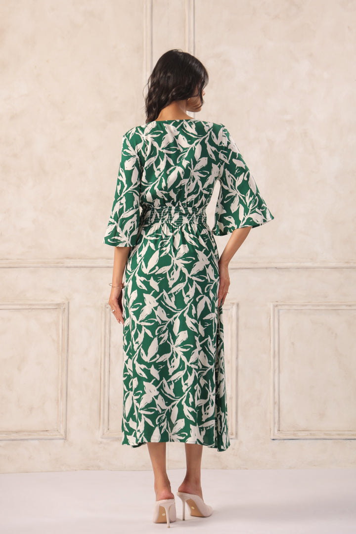 Women Green Tropical Printed Midi Dress with Flutter Sleeves