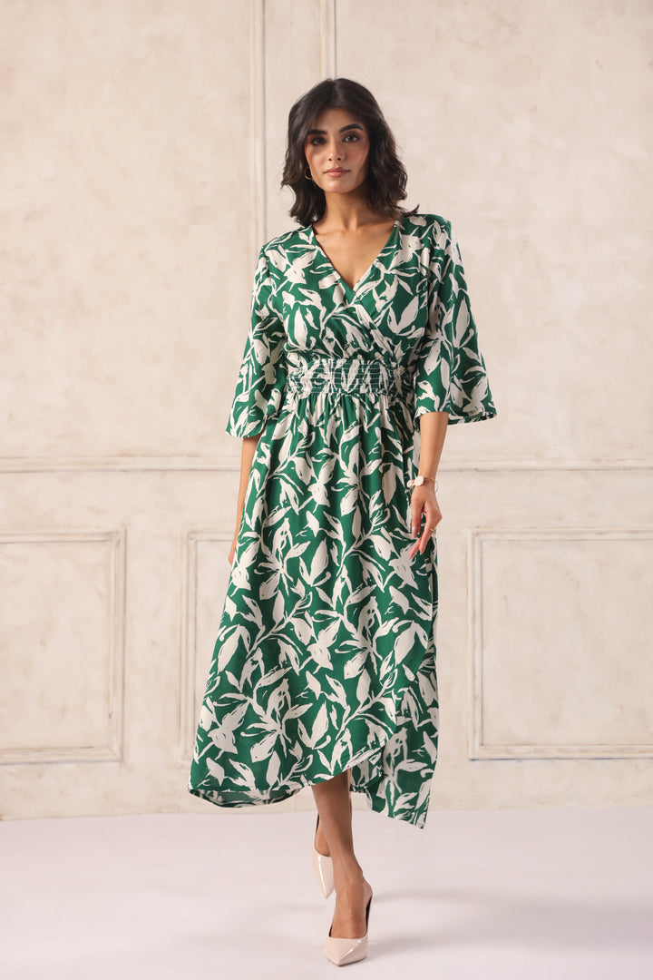 Women Green Tropical Printed Midi Dress with Flutter Sleeves