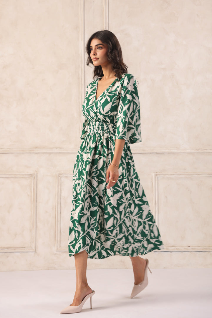 Women Green Tropical Printed Midi Dress with Flutter Sleeves