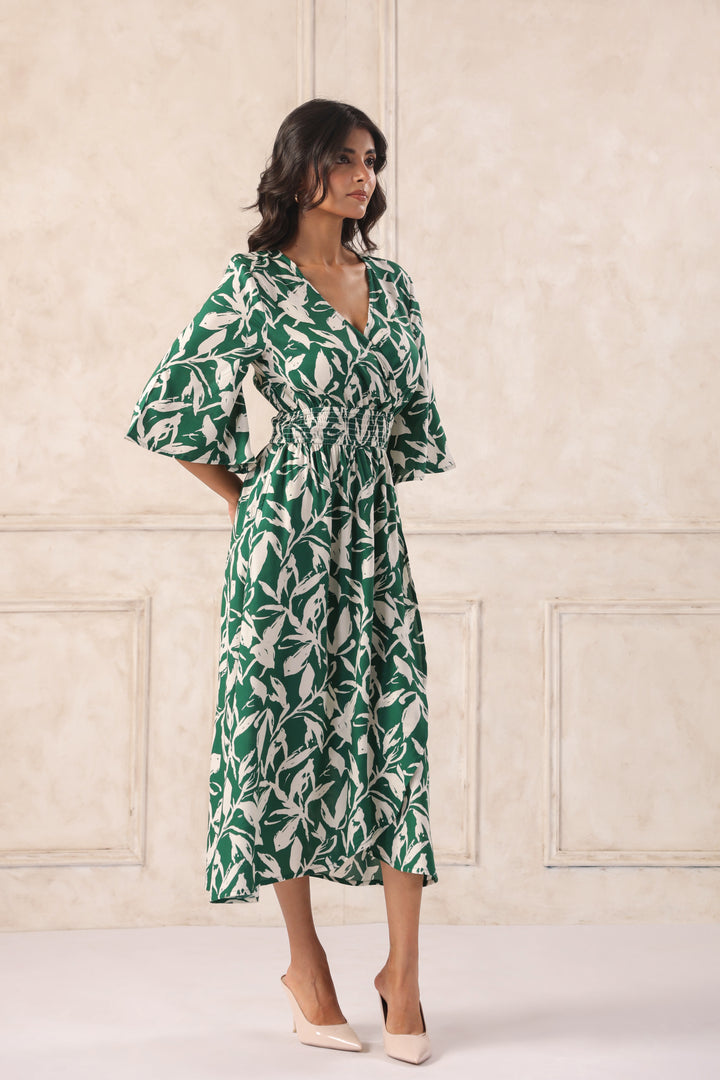 Women Green Tropical Printed Midi Dress with Flutter Sleeves