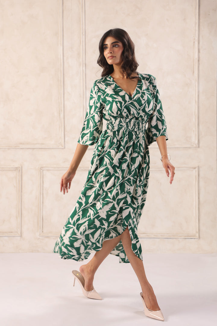 Women Green Tropical Printed Midi Dress with Flutter Sleeves