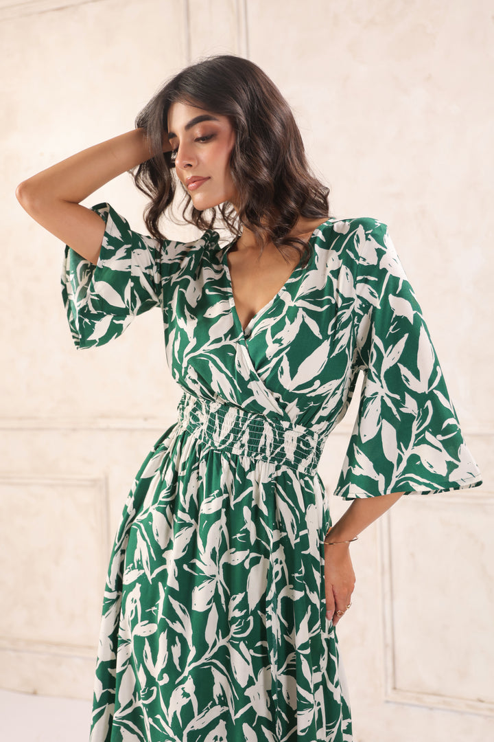 Women Green Tropical Printed Midi Dress with Flutter Sleeves