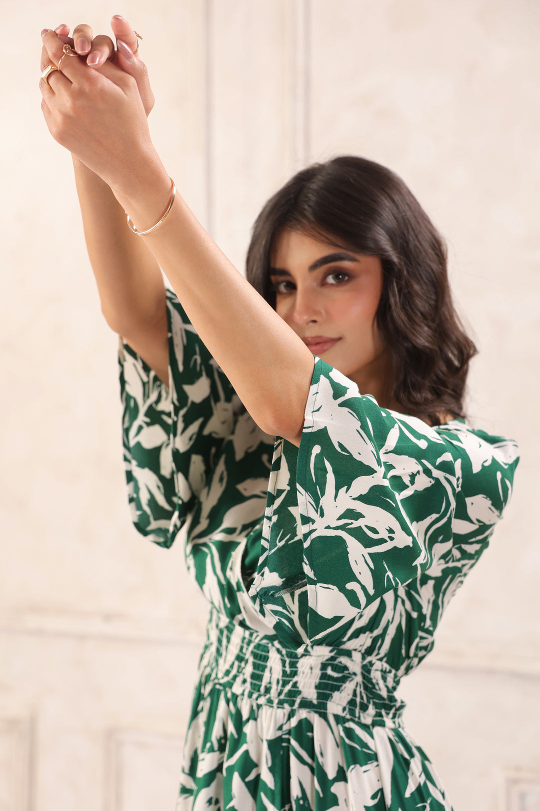Women Green Tropical Printed Midi Dress with Flutter Sleeves