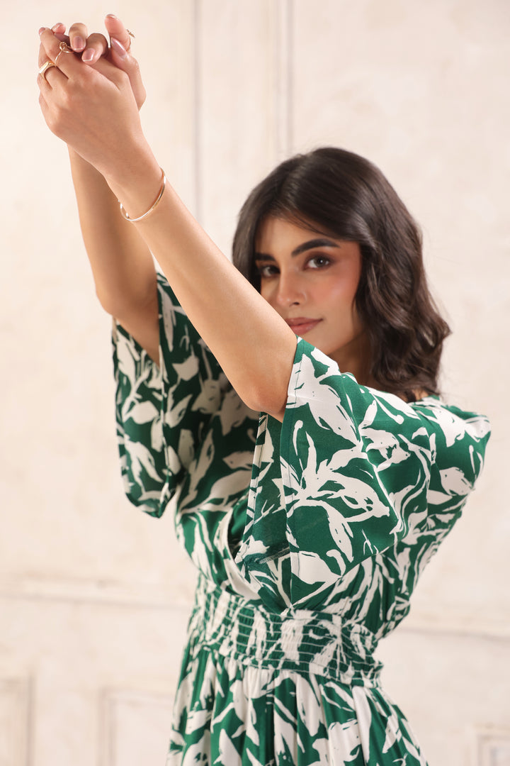 Women Green Tropical Printed Midi Dress with Flutter Sleeves