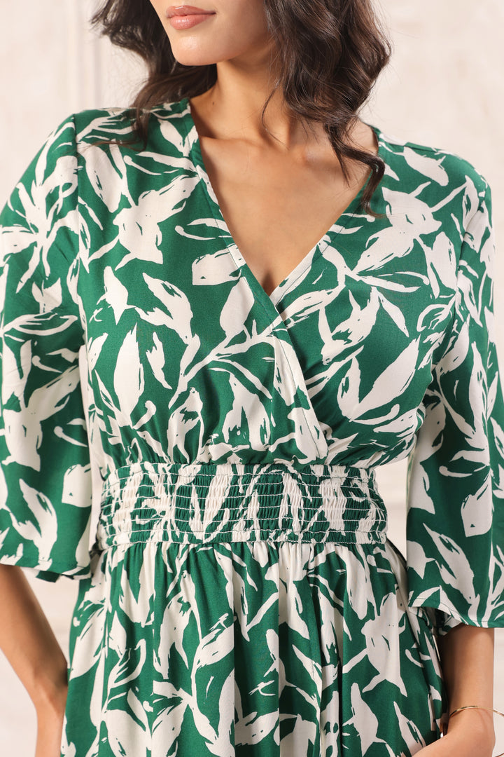 Women Green Tropical Printed Midi Dress with Flutter Sleeves