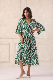 Green leaf print wrap dress with puff sleeves, smocked waist, and midi length for women's Western wear