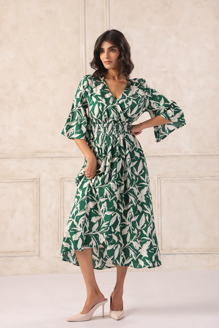 Women Green Tropical Printed Midi Dress with Flutter Sleeves