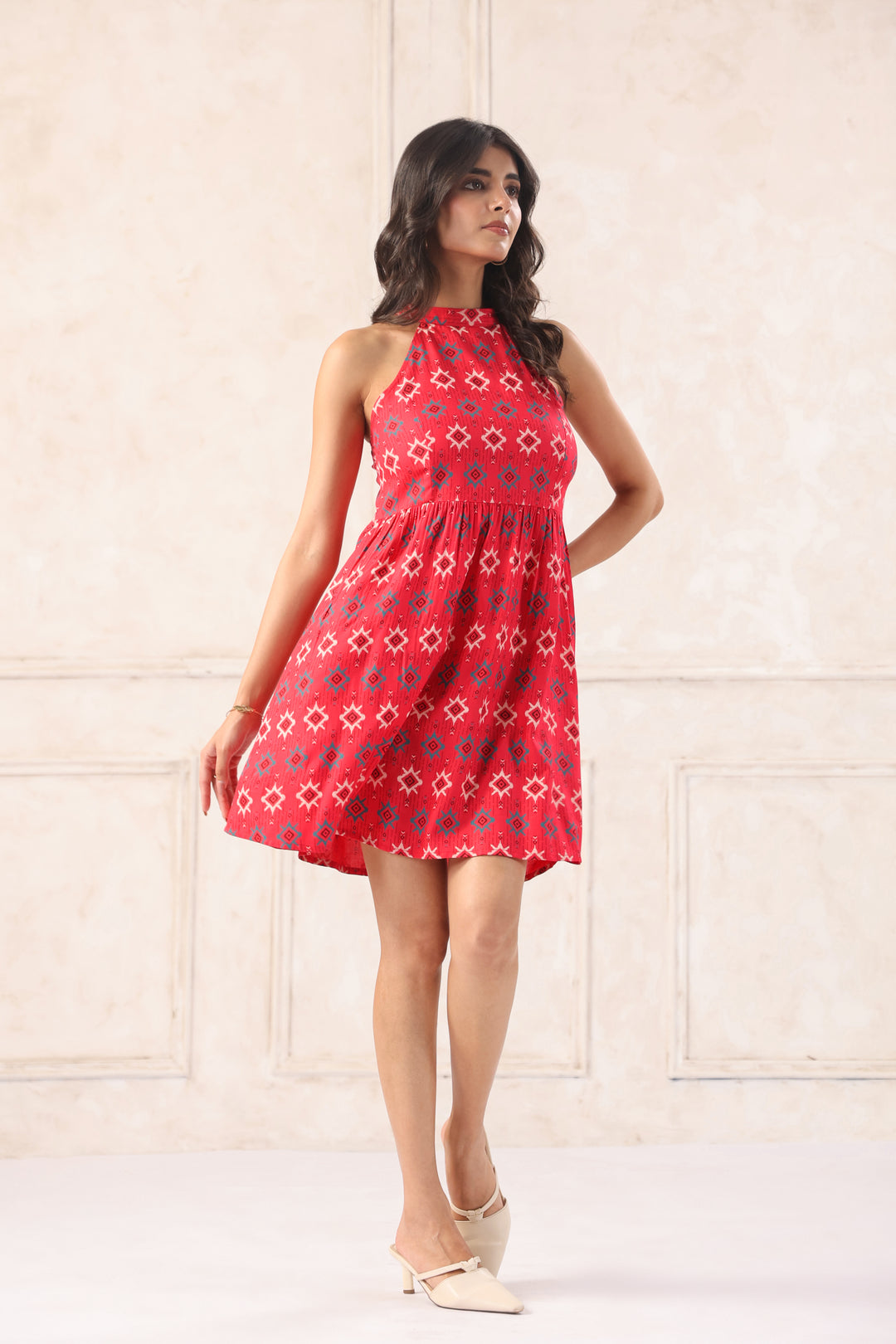Red Mini Dress In Abstract Print