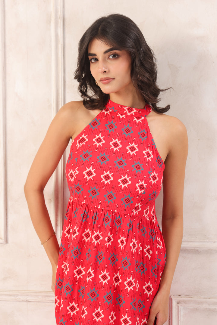 Red Mini Dress In Abstract Print