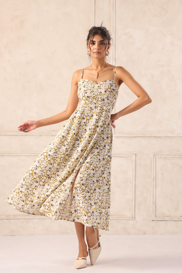 Ditsy Floral Midi Dress for Women – Cotton Sweetheart Neck Summer Dress