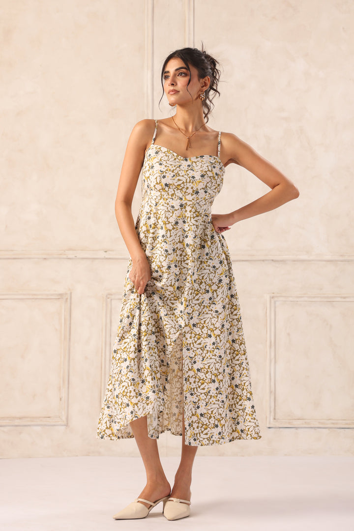 Ditsy Floral Midi Dress for Women – Cotton Sweetheart Neck Summer Dress