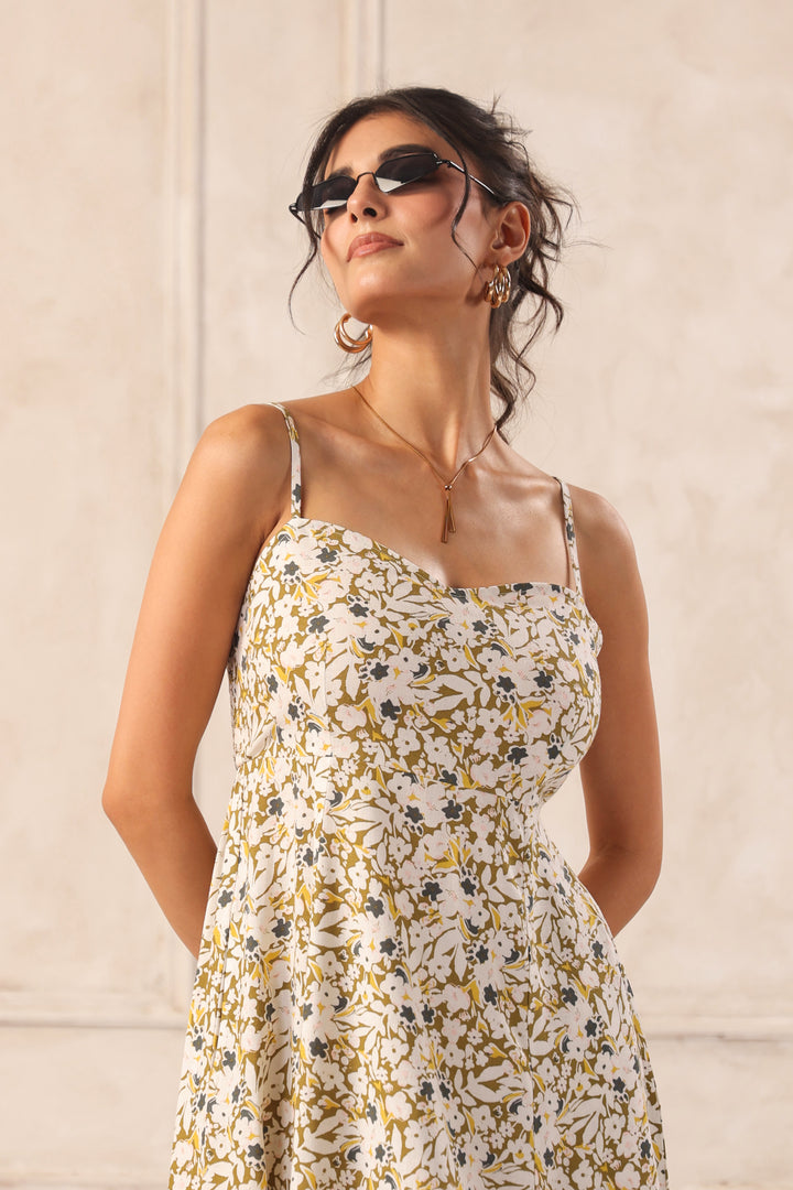 Ditsy Floral Midi Dress for Women – Cotton Sweetheart Neck Summer Dress