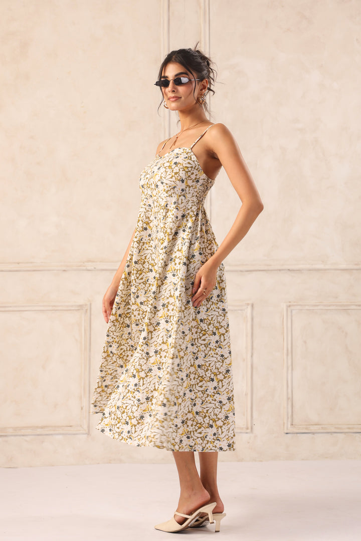 Ditsy Floral Midi Dress for Women – Cotton Sweetheart Neck Summer Dress