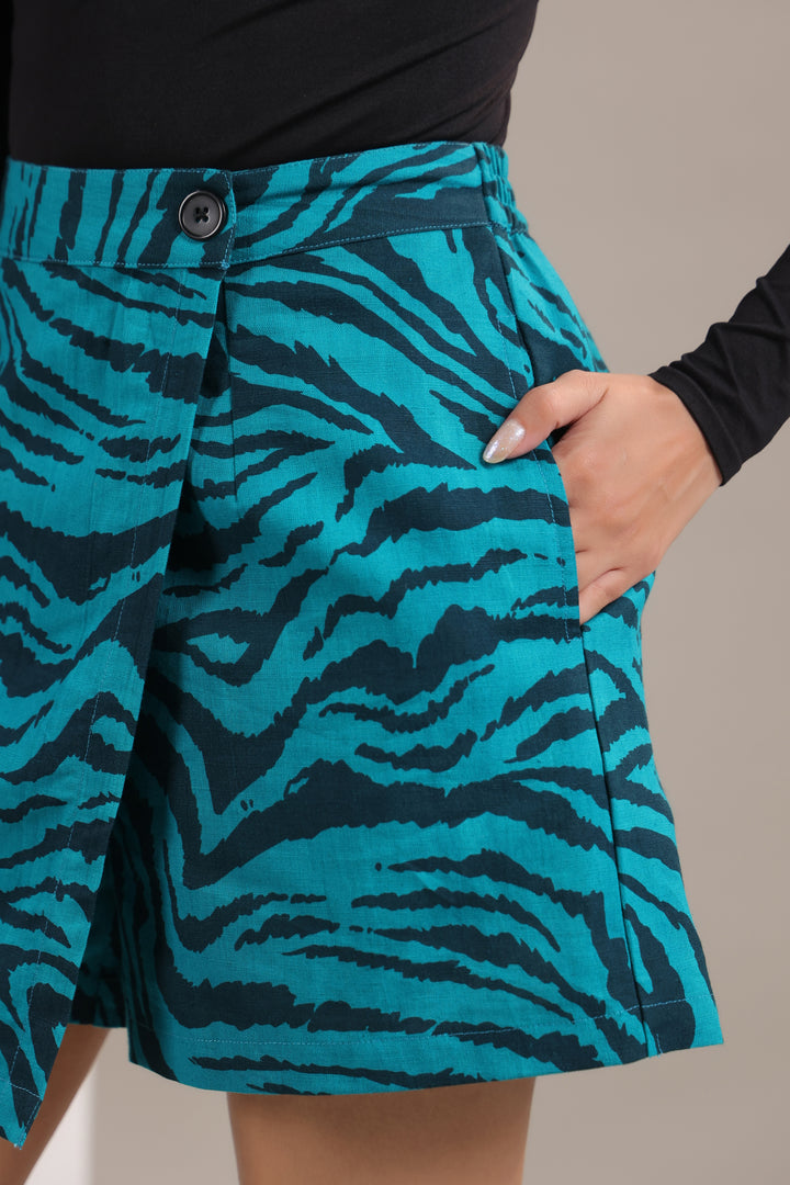 Animal Print Teal and Black Skorts for Women – Cotton Linen Casual Skorts
