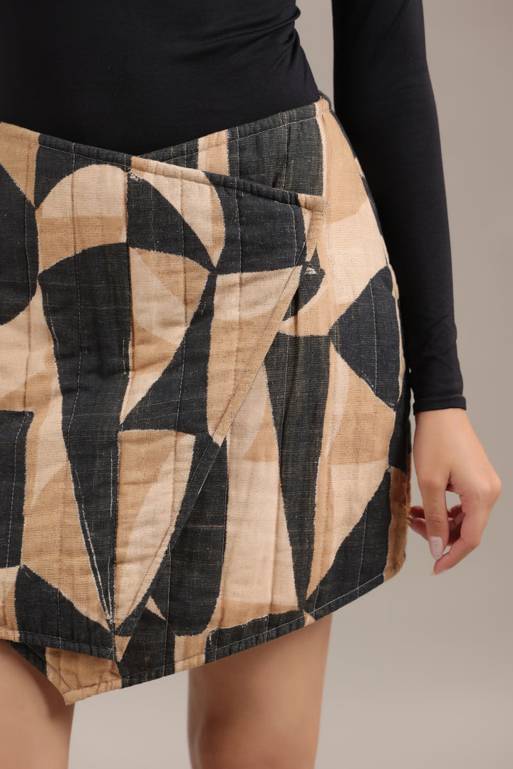 Buy Abstract Print Black & Beige Quilted Short Skirt – Stylish Casual Skirt for Women