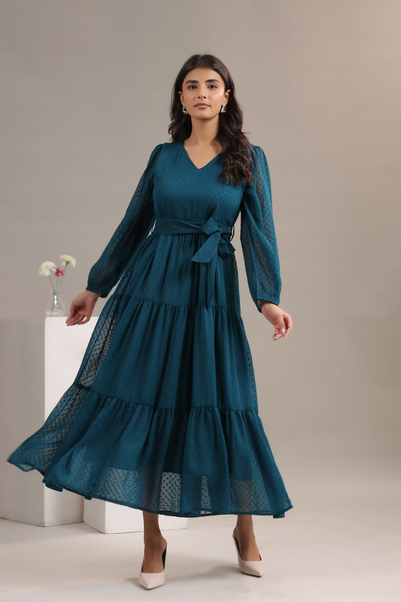 Women’s Teal Party Wear Chiffon Midi Dress – Fit & Flare Front View