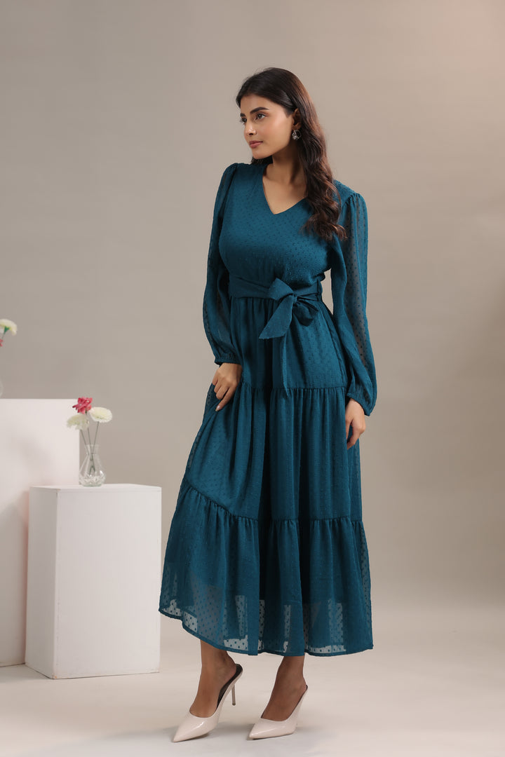 Teal Party Wear Chiffon Midi Dress