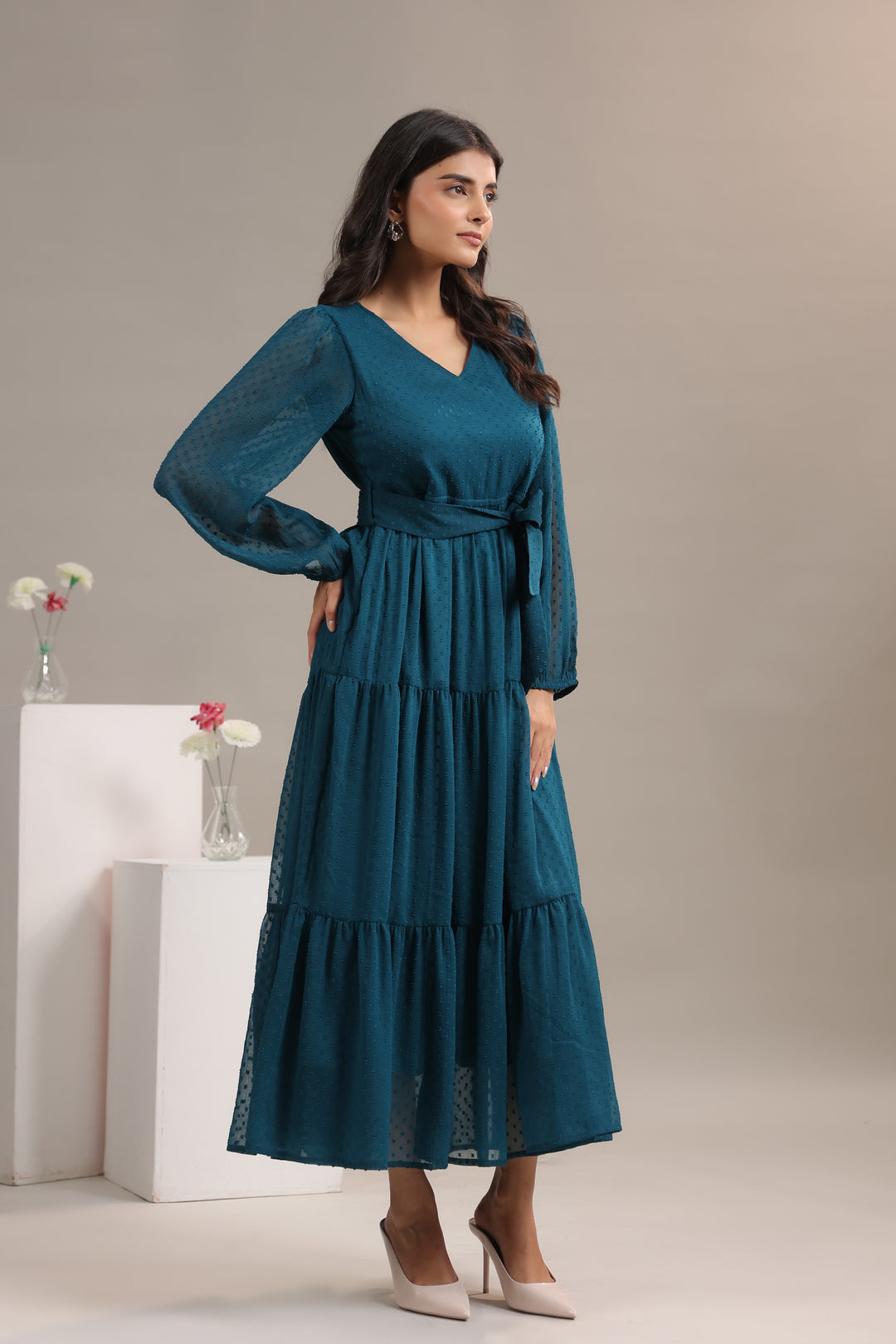 Teal Party Wear Chiffon Midi Dress