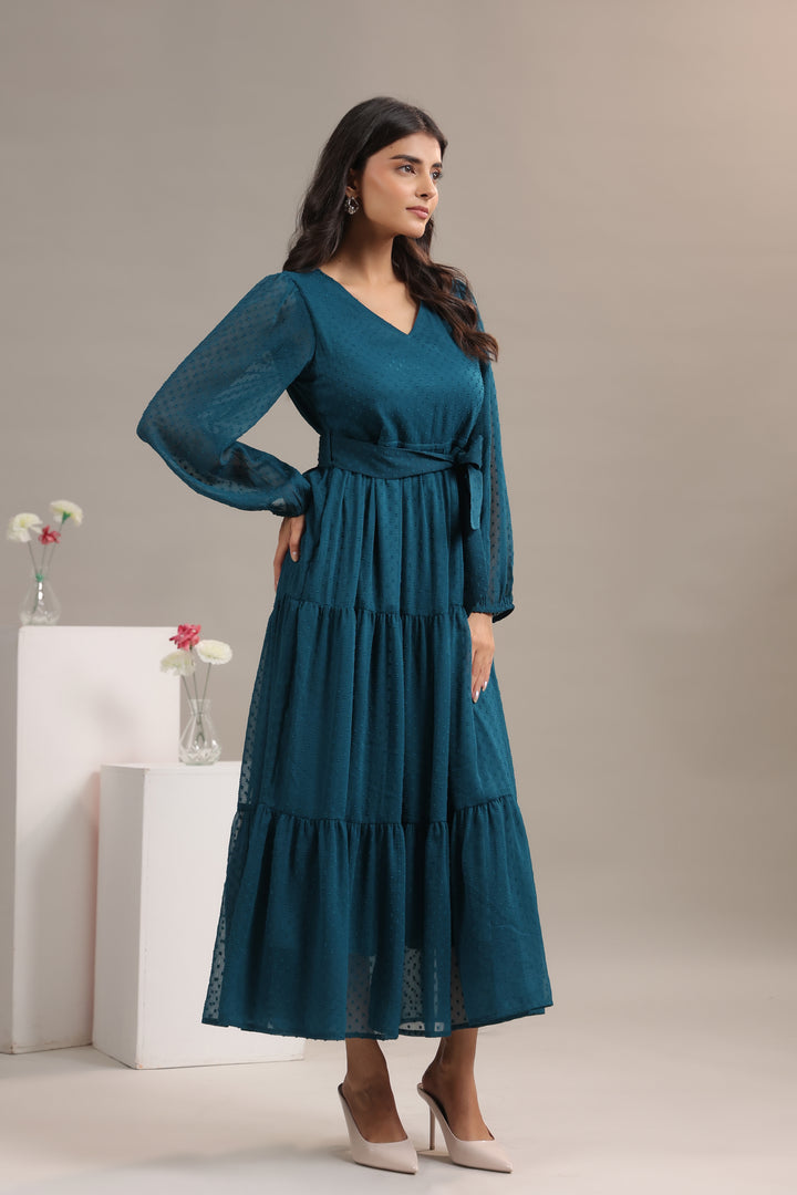Teal Party Wear Chiffon Midi Dress