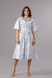 Blue Floral Print Cinched Waist Shirt Dress