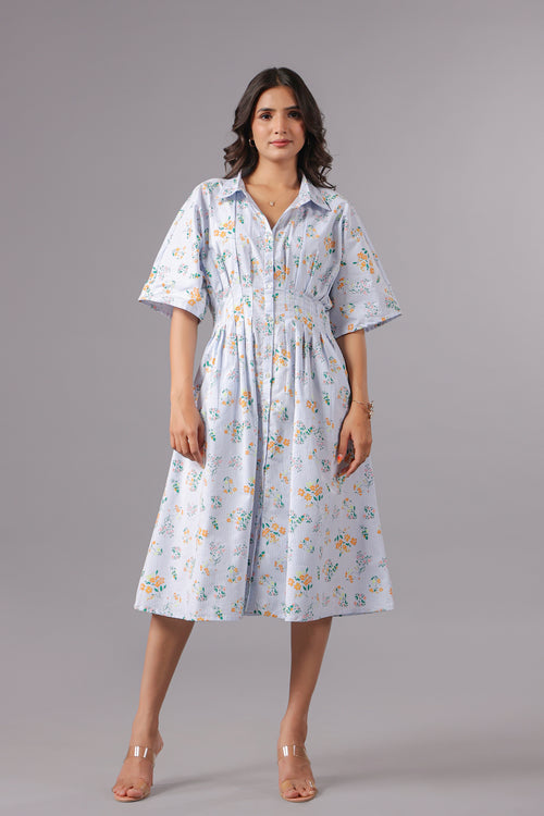 Blue Floral Print Cinched Waist Shirt Dress