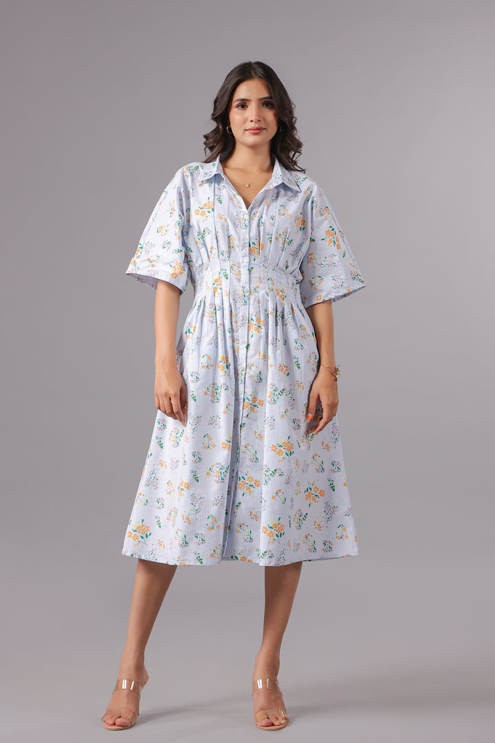 Blue Floral Print Cinched Waist Shirt Dress
