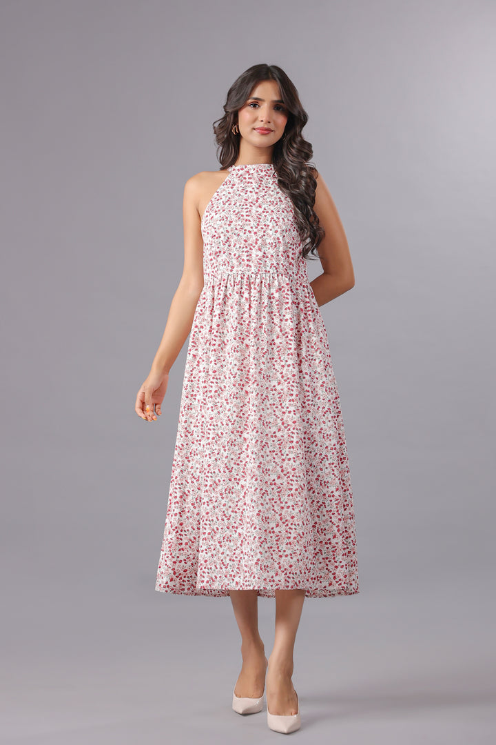 Red Floral Midi Dress With Slit in Ditsy Floral
