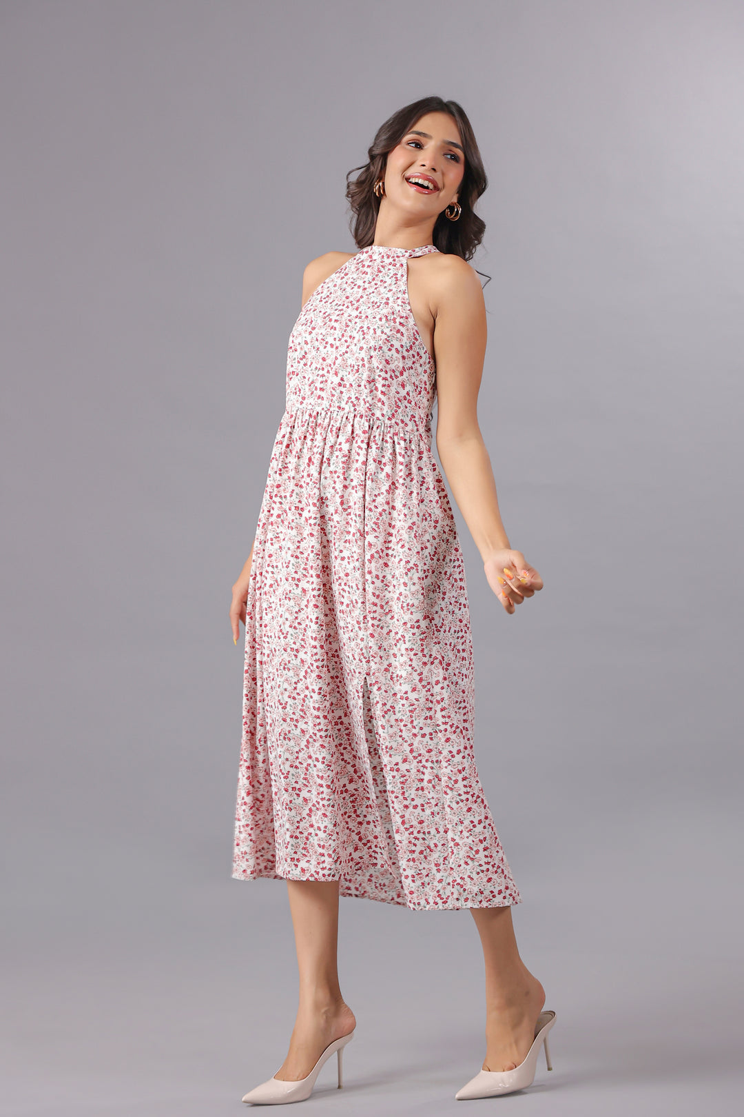 Red Floral Midi Dress With Slit in Ditsy Floral