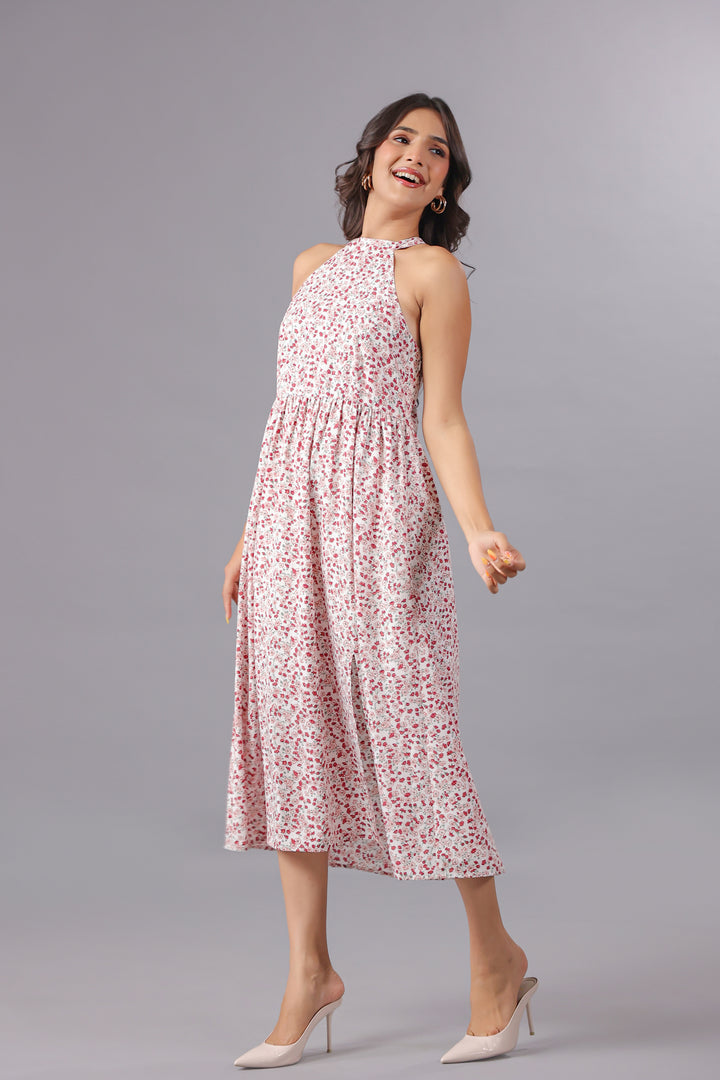 Red Floral Midi Dress With Slit in Ditsy Floral