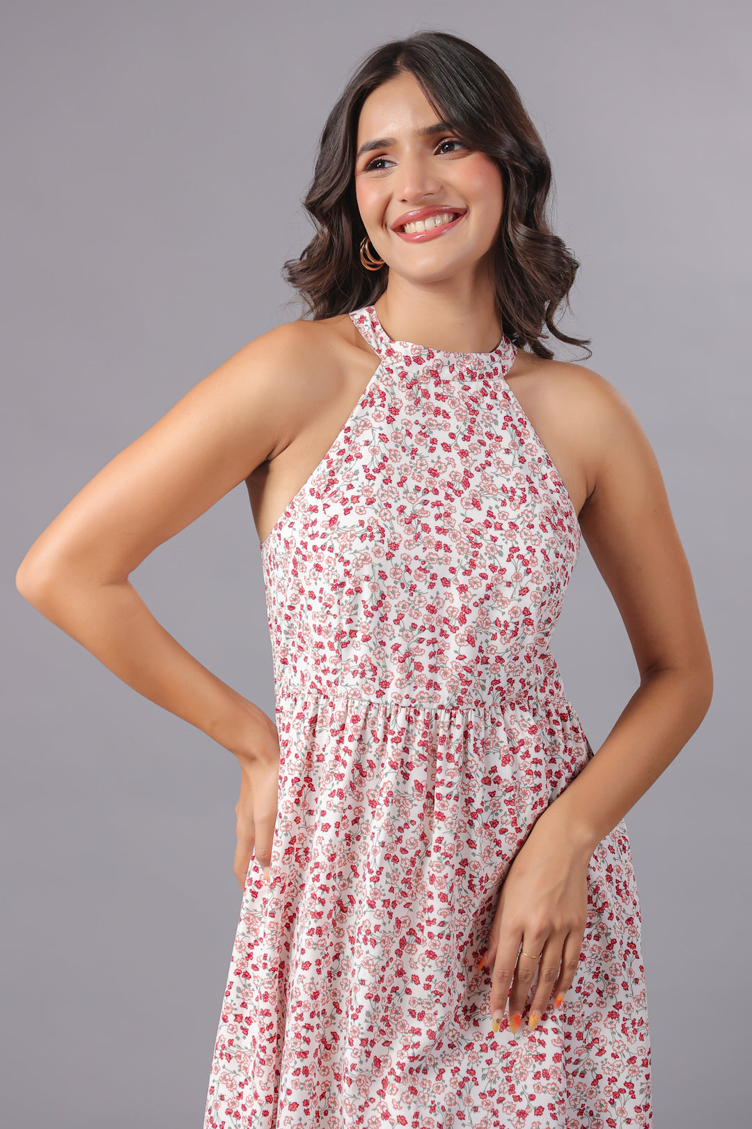 Red Floral Midi Dress With Slit in Ditsy Floral