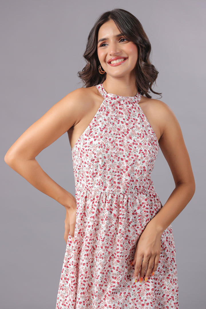 Red Floral Midi Dress With Slit in Ditsy Floral